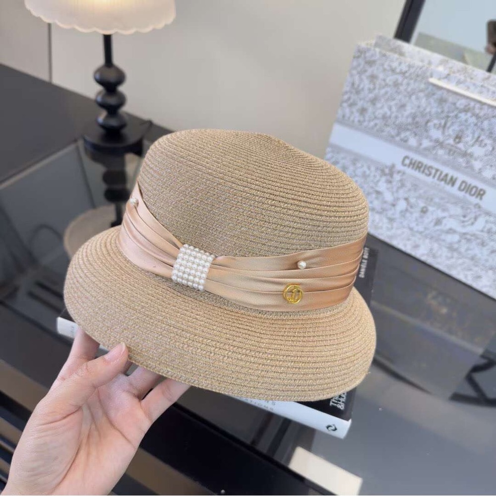 Miu Miu Beige Straw Bucket Hat with Satin Band & Pearl Detail - Picture 2 of 6
